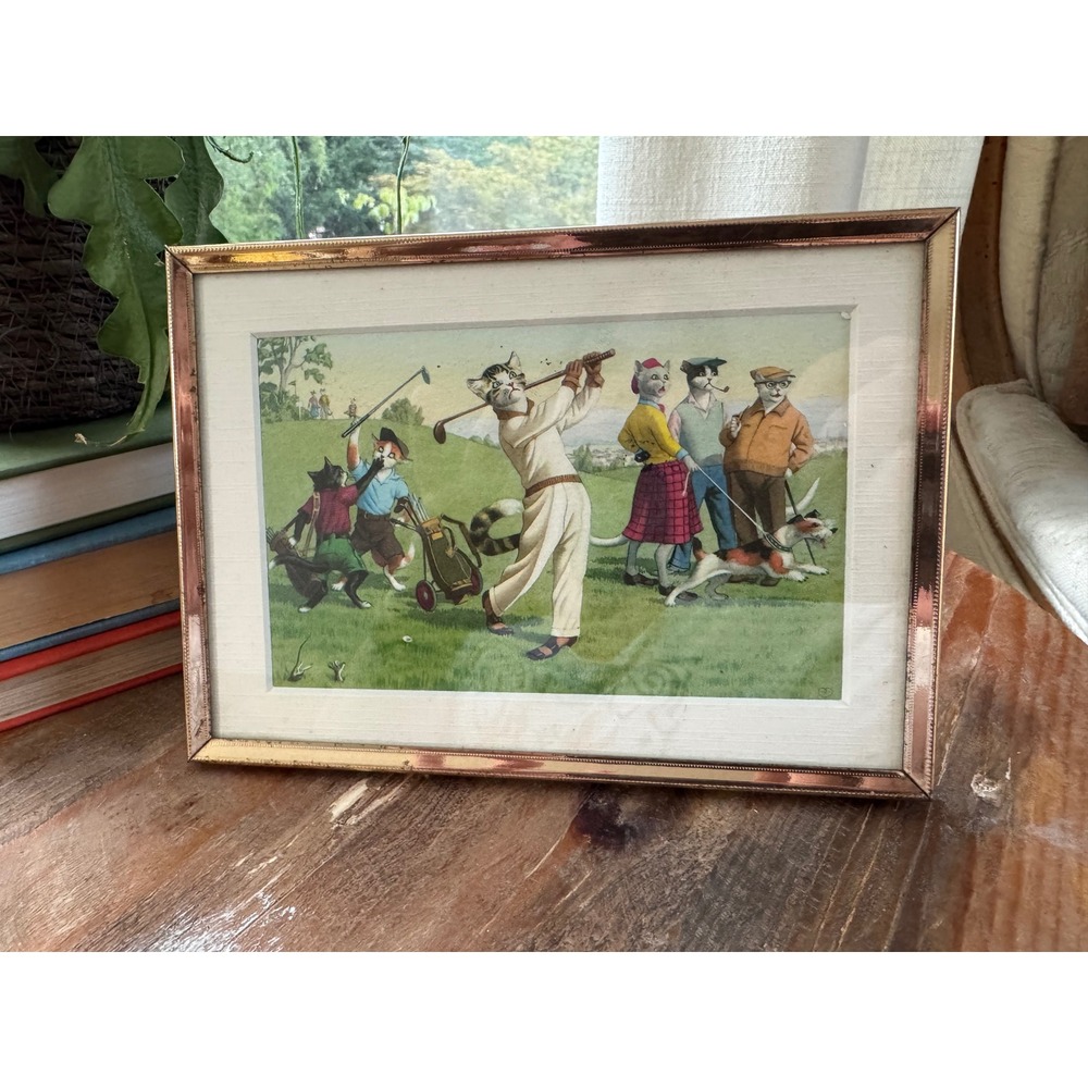 Vintage Anthropomorphic Cats Golf Framed Print Whimsical Gold Ton Brass Frame
